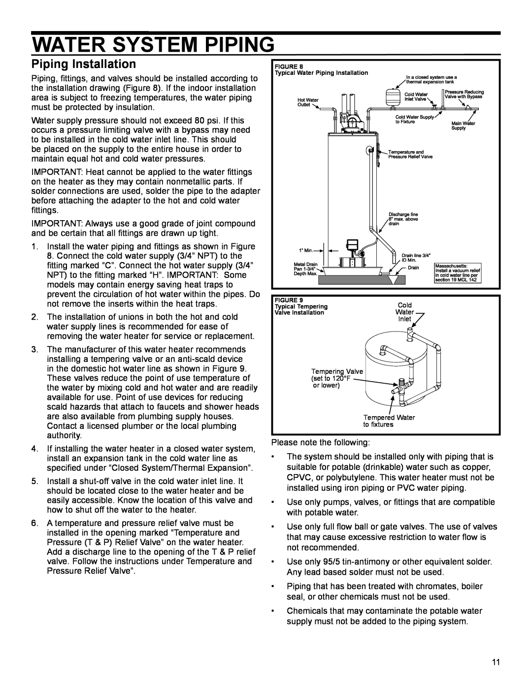 American Water Heater 50-60K BTU, 40-42K BTU installation instructions Water System Piping, Piping Installation 