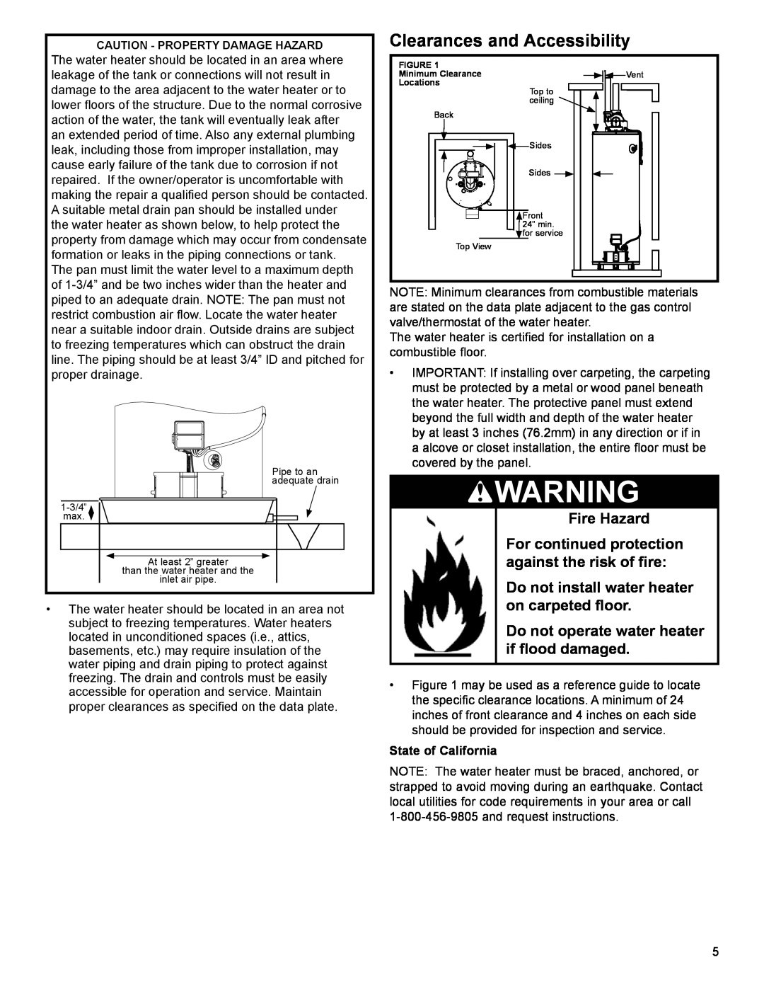 American Water Heater 50-60K BTU, 40-42K BTU Clearances and Accessibility, Do not install water heater on carpeted floor 