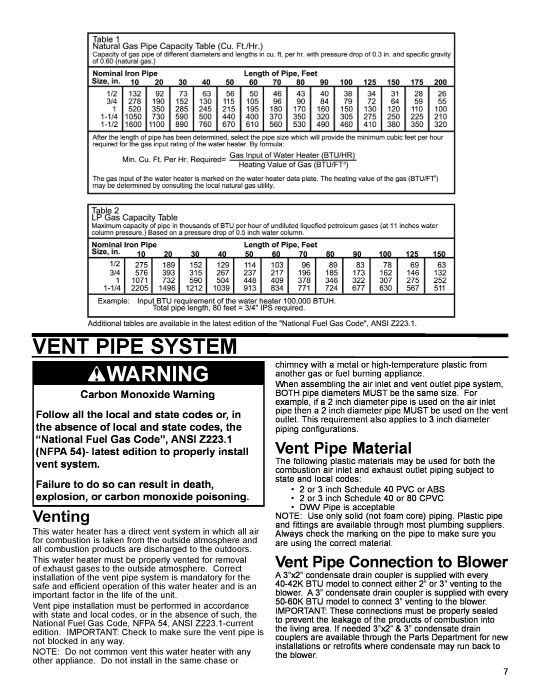 American Water Heater 50-60K BTU, 40-42K BTU Vent Pipe System, Venting, Vent Pipe Material, Vent Pipe Connection to Blower 