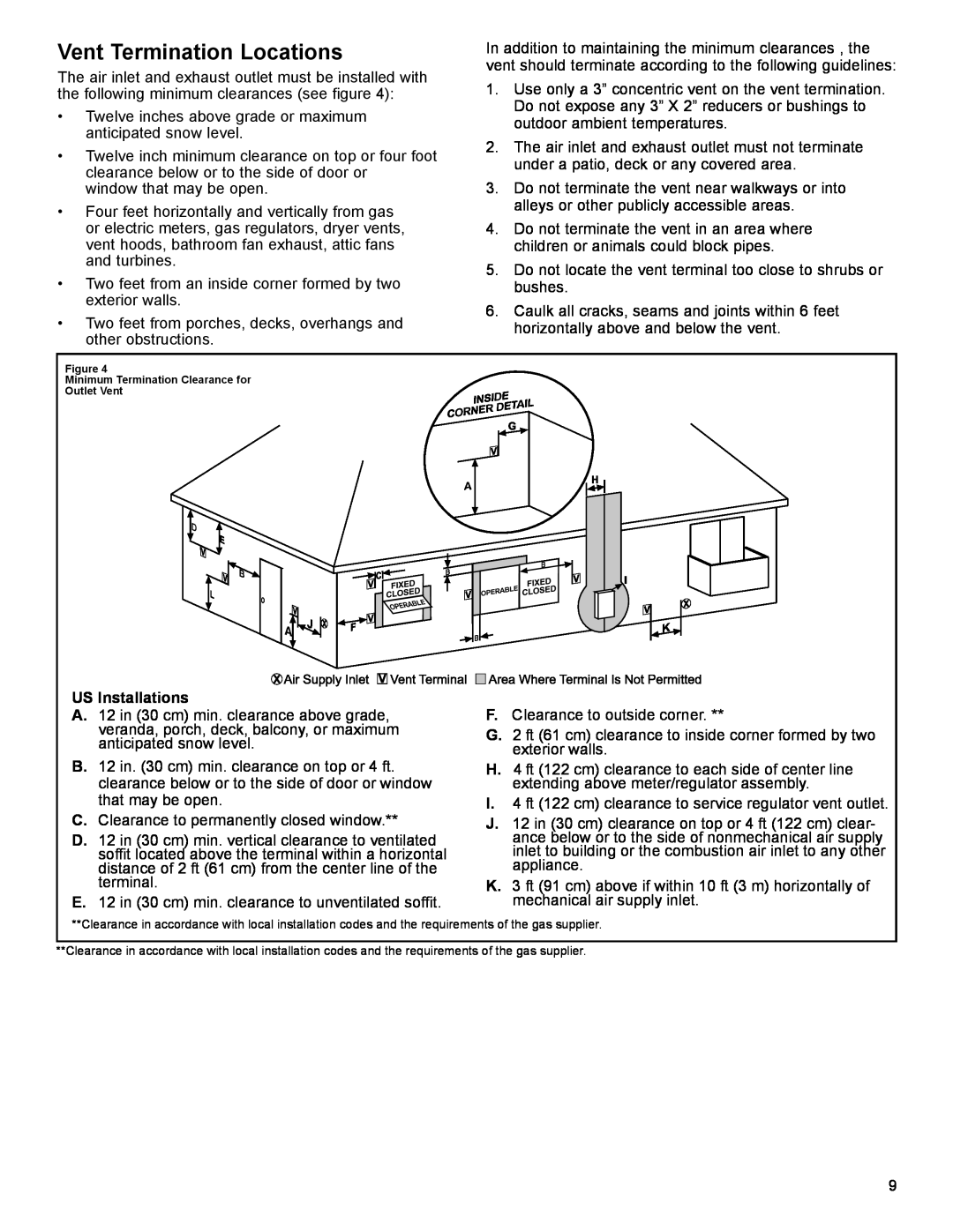American Water Heater 50-60K BTU, 40-42K BTU installation instructions Vent Termination Locations, US Installations 