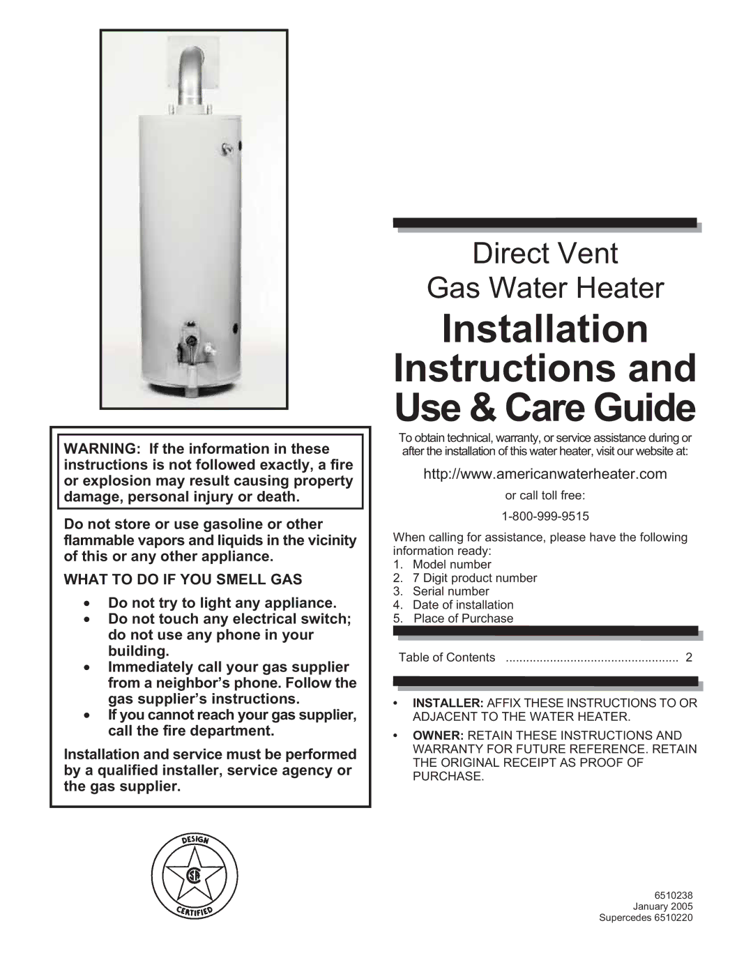 American Water Heater 6510238 installation instructions Installation 