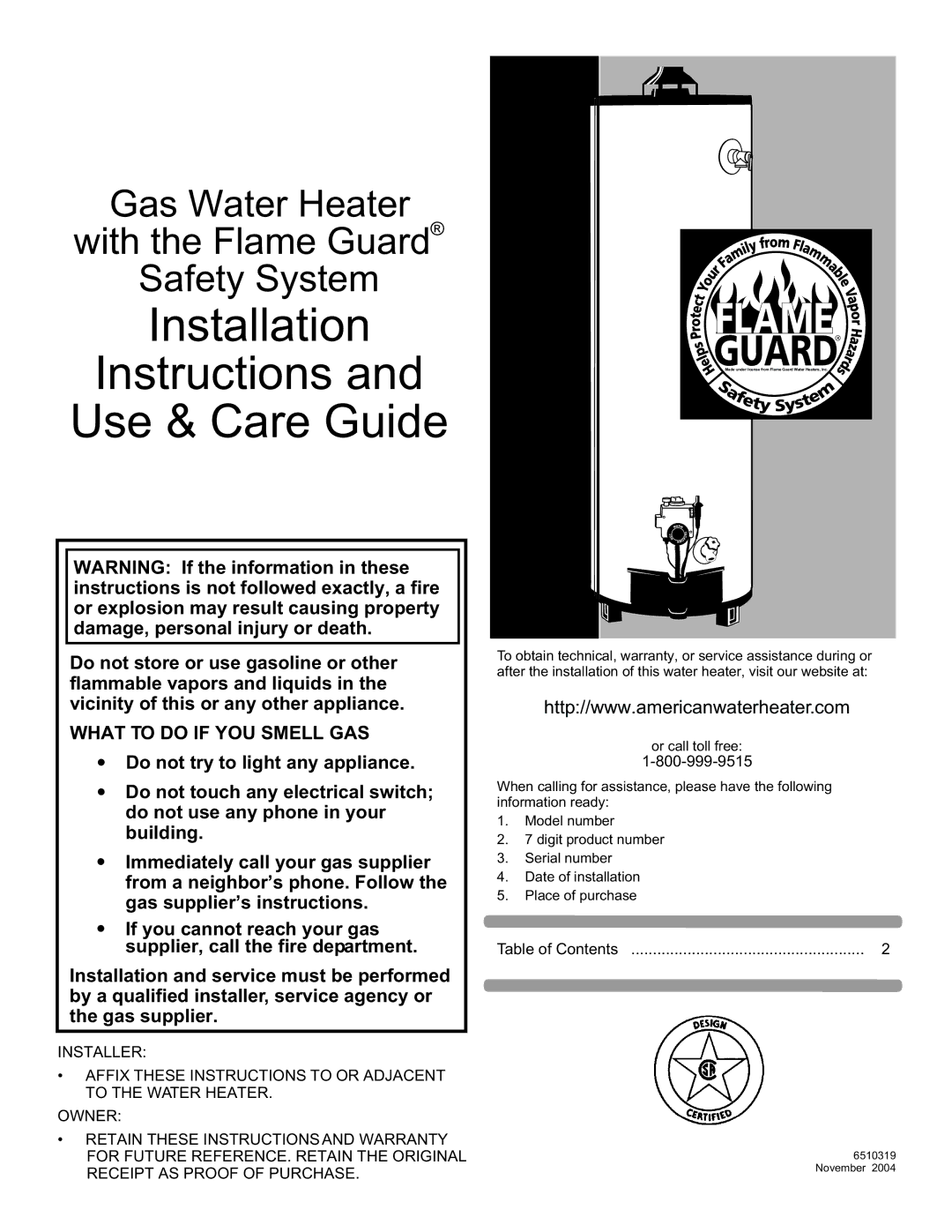 American Water Heater 6510319 installation instructions Installation Instructions Use & Care Guide 