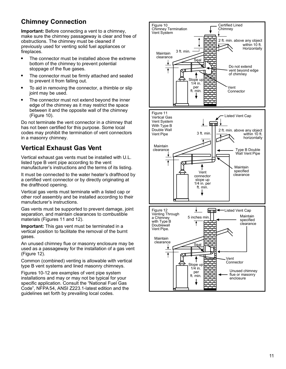 American Water Heater 6510319 installation instructions Chimney Connection, Vertical Exhaust Gas Vent 