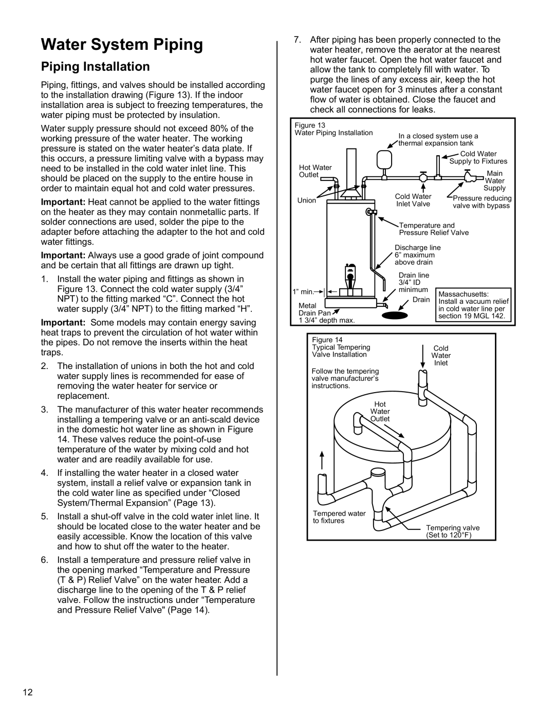 American Water Heater 6510319 installation instructions Water System Piping, Piping Installation 