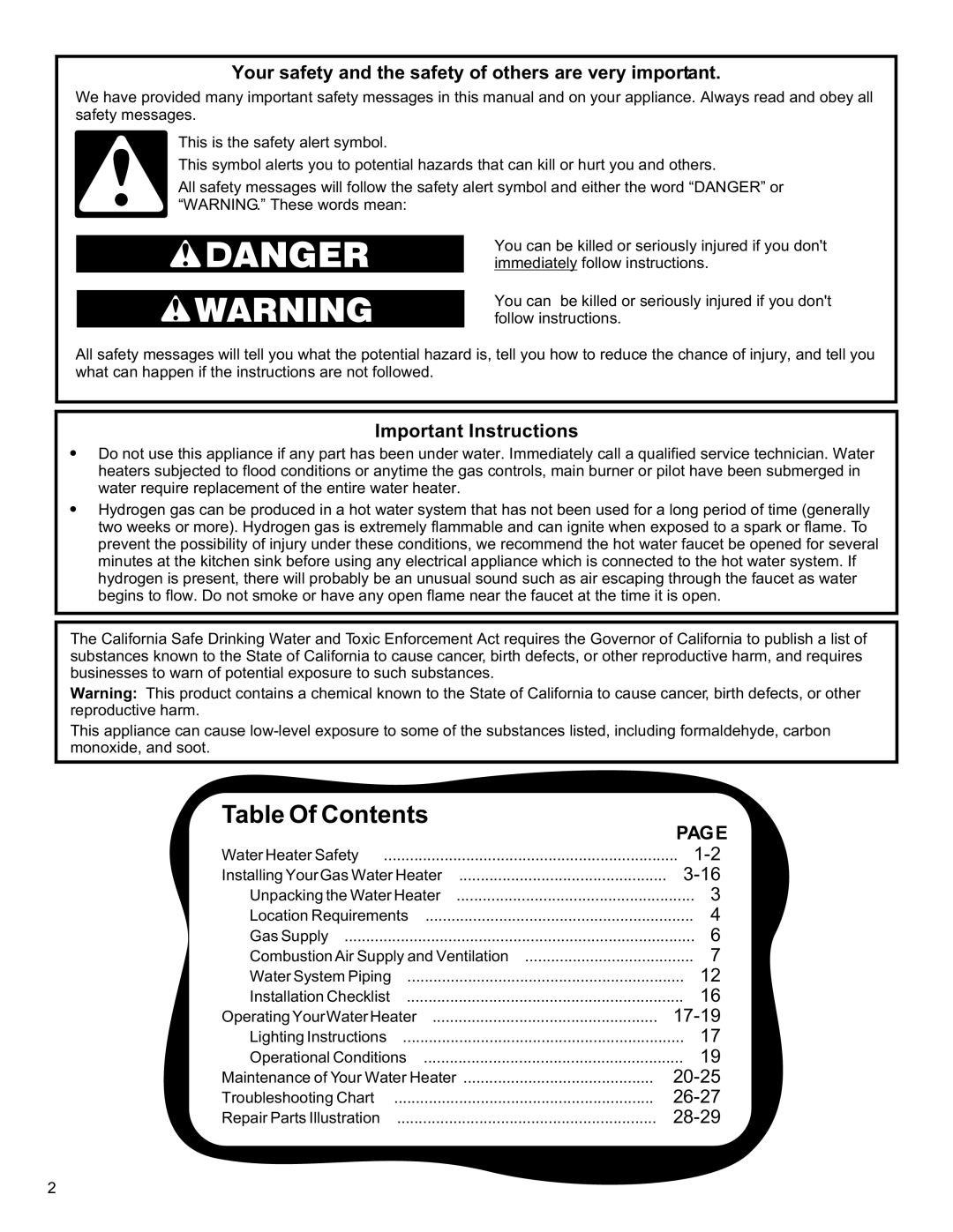 American Water Heater 6510319 installation instructions Table Of Contents 