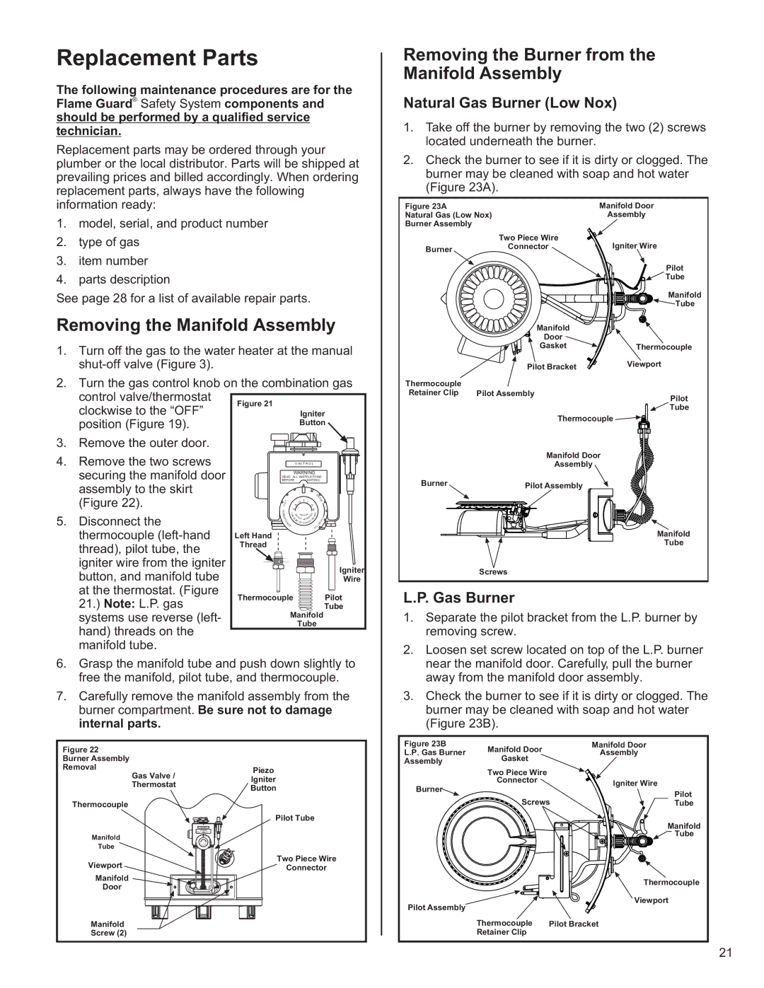 American Water Heater 6510319 Replacement Parts, Removing the Manifold Assembly, Natural Gas Burner Low Nox 