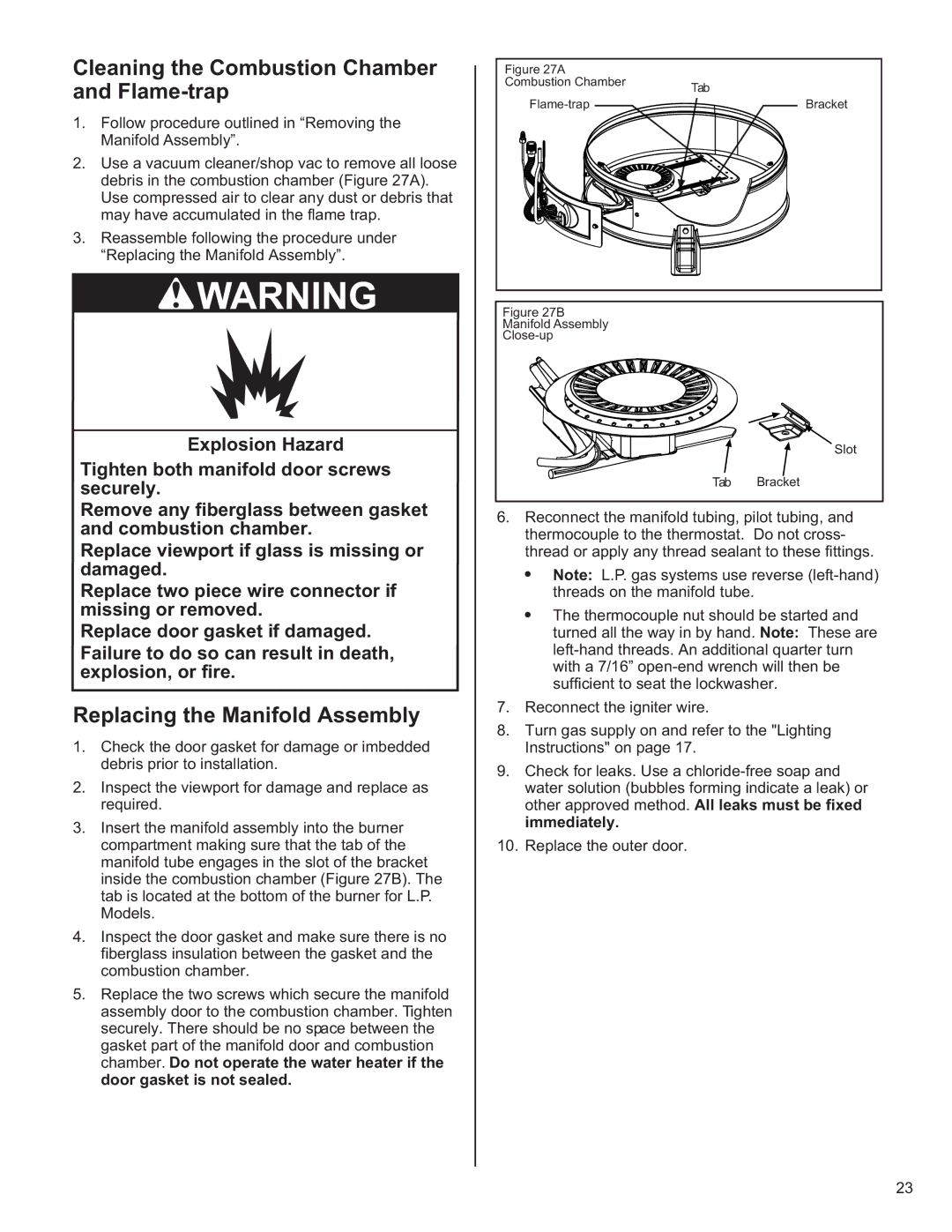 American Water Heater 6510319 Cleaning the Combustion Chamber and Flame-trap, Replacing the Manifold Assembly 