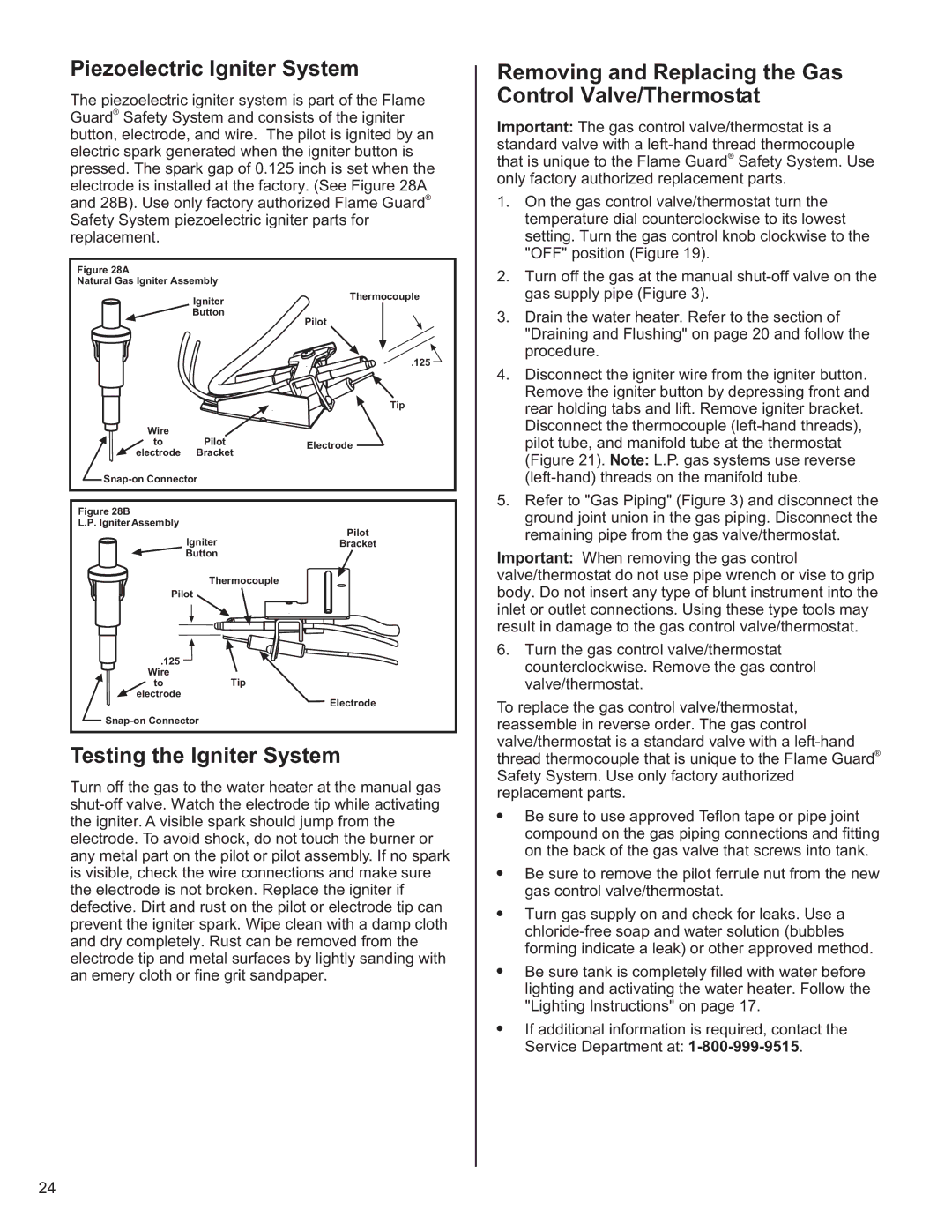 American Water Heater 6510319 Piezoelectric Igniter System, Removing and Replacing the Gas Control Valve/Thermostat 