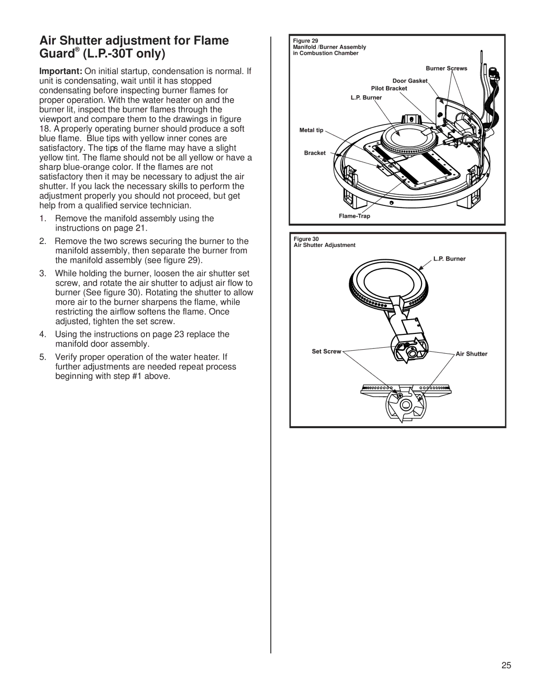 American Water Heater 6510319 installation instructions Air Shutter adjustment for Flame Guard L.P.-30T only 