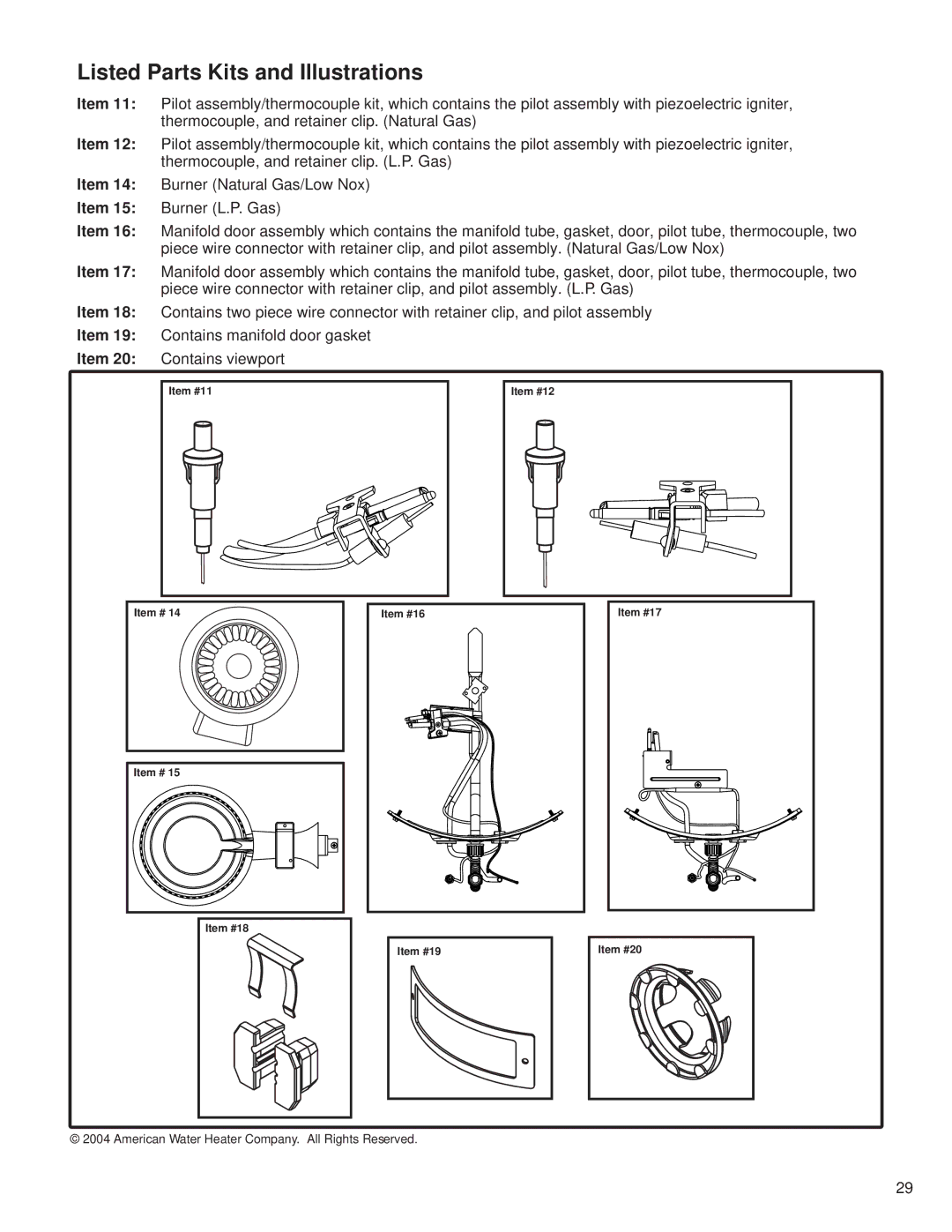 American Water Heater 6510319 installation instructions Listed Parts Kits and Illustrations 