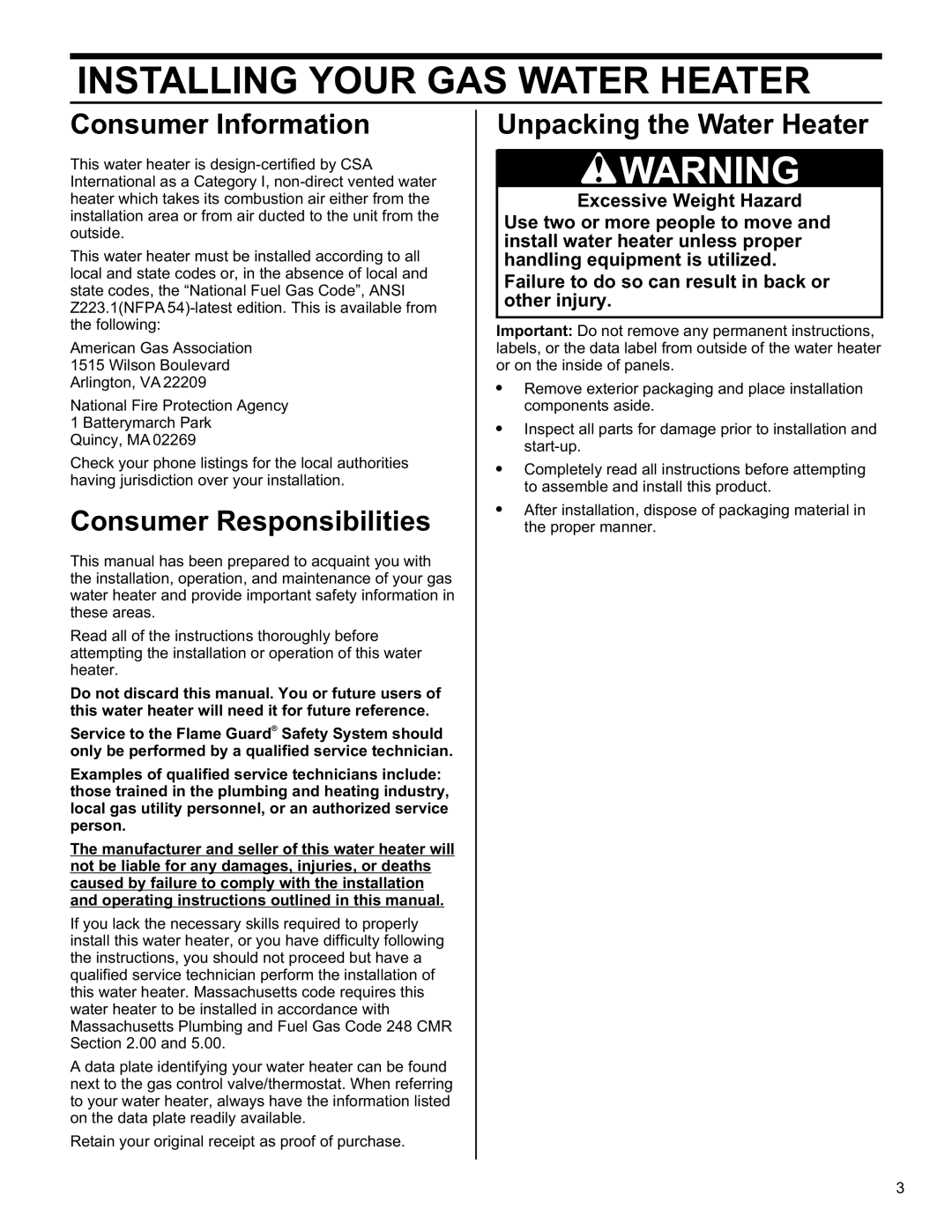 American Water Heater 6510319 Consumer Information, Consumer Responsibilities, Unpacking the Water Heater 