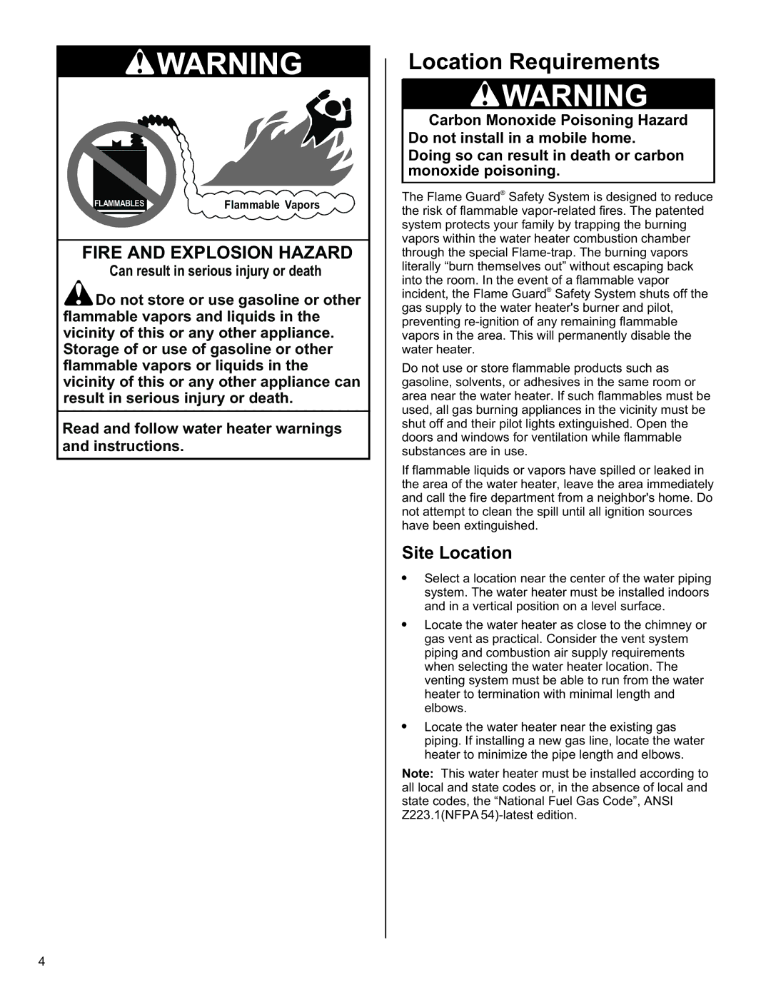 American Water Heater 6510319 installation instructions Location Requirements, Site Location 