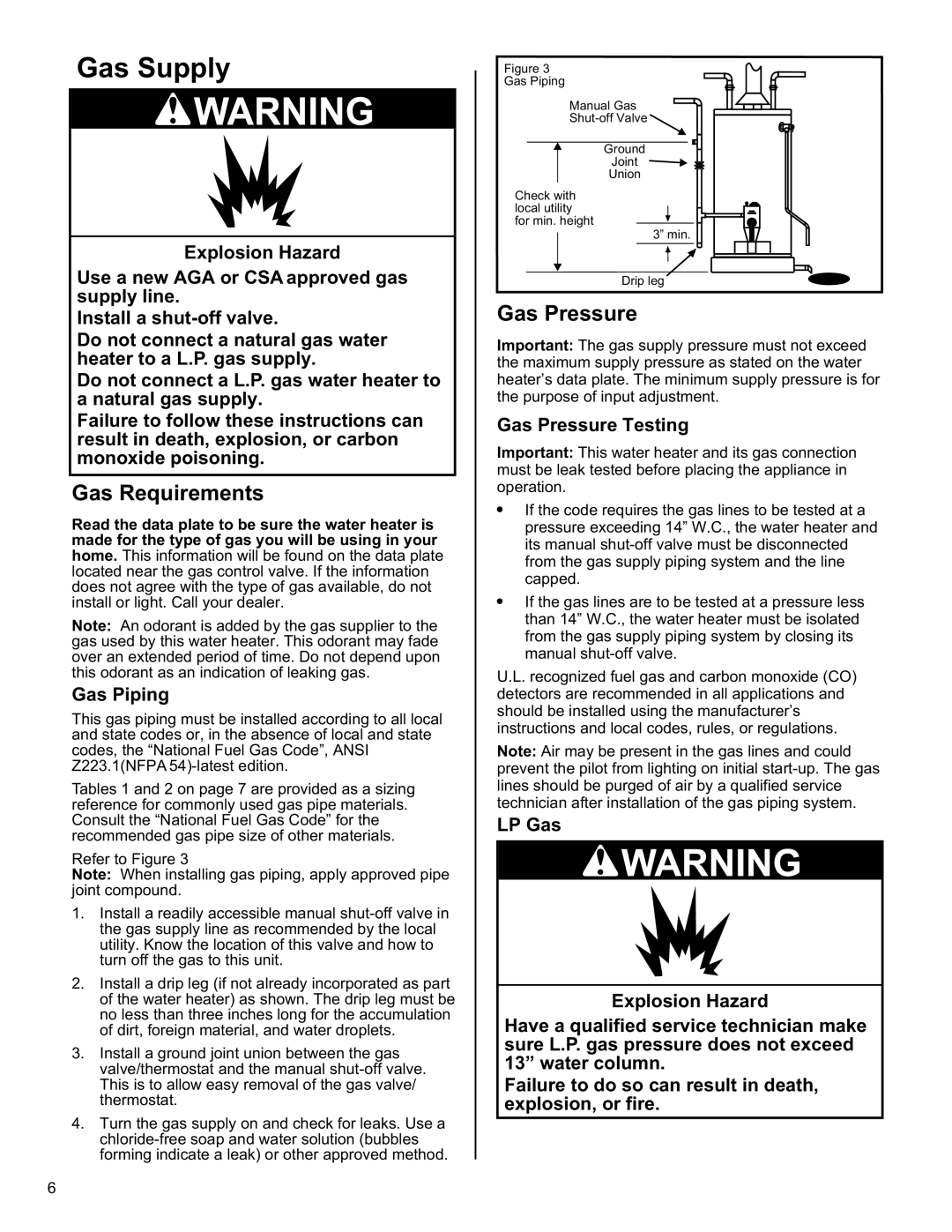 American Water Heater 6510319 installation instructions Gas Supply, Gas Requirements, Gas Piping, Gas Pressure Testing 