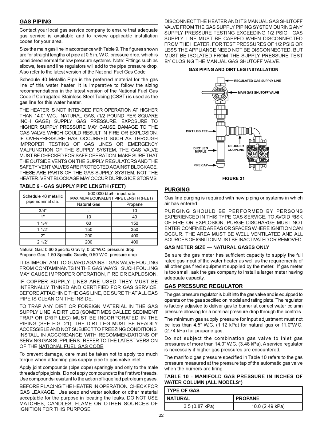 American Water Heater (A)BCG3 85T500-8P Gas Piping, Purging, Gas Pressure Regulator, GAS Supply Pipe Length Feet 