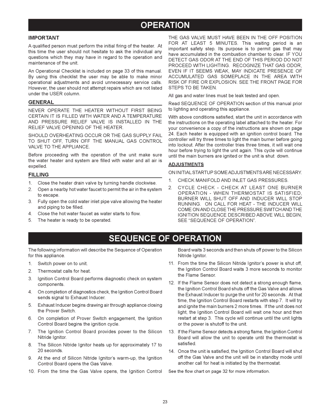 American Water Heater (A)BCG3 85T500-8N, (A)BCG3 85T500-8P instruction manual General, Filling, Adjustments 