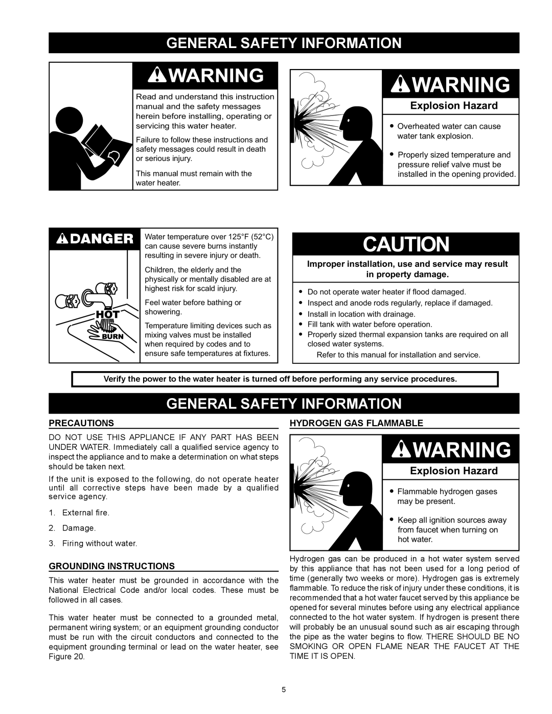 American Water Heater (A)BCG3 85T500-8N, (A)BCG3 85T500-8P Precautions, Grounding Instructions, Hydrogen Gas Flammable 