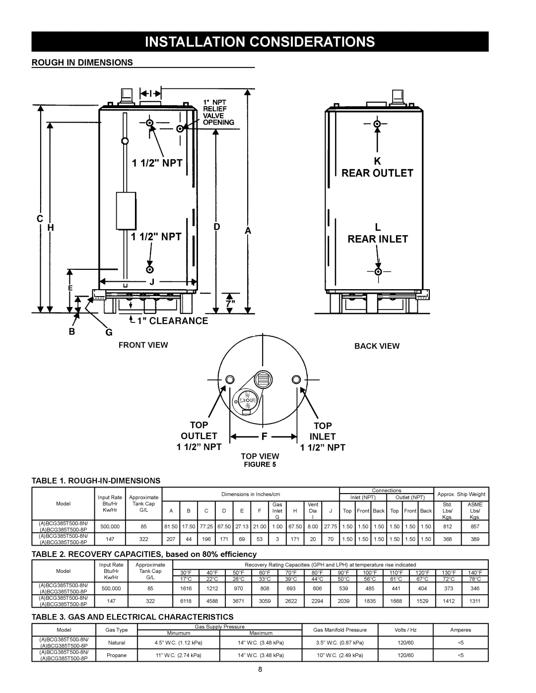 American Water Heater (A)BCG3 85T500-8P, (A)BCG3 85T500-8N Installation considerations, Rough In Dimensions, 2 NPT 