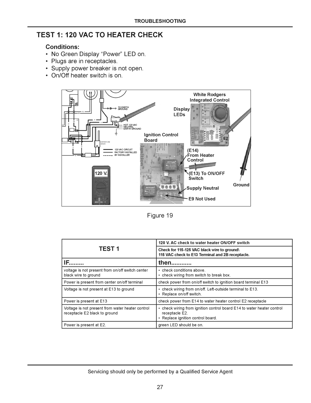 American Water Heater (A)BCG385T500-8N, (A)BCG38T500-8P manual Test 1 120 VAC to Heater Check, Conditions, Then 