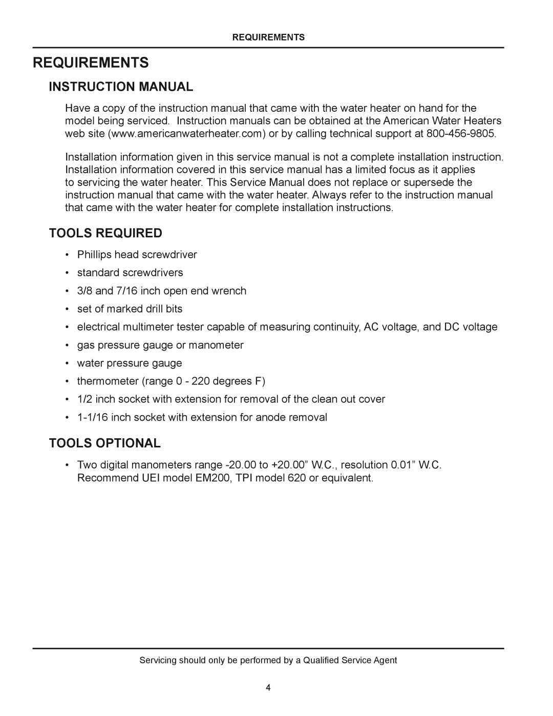 American Water Heater (A)BCG38T500-8P, (A)BCG385T500-8N manual Requirements, Tools Required, Tools Optional 