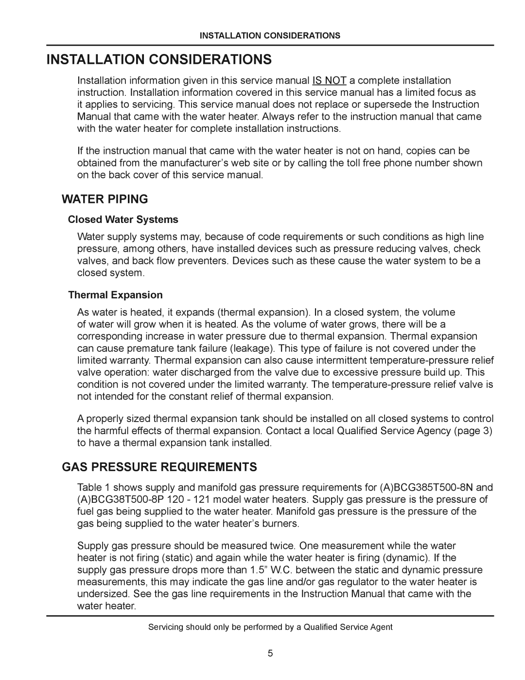 American Water Heater (A)BCG385T500-8N manual Installation Considerations, Water Piping, GAS Pressure Requirements 