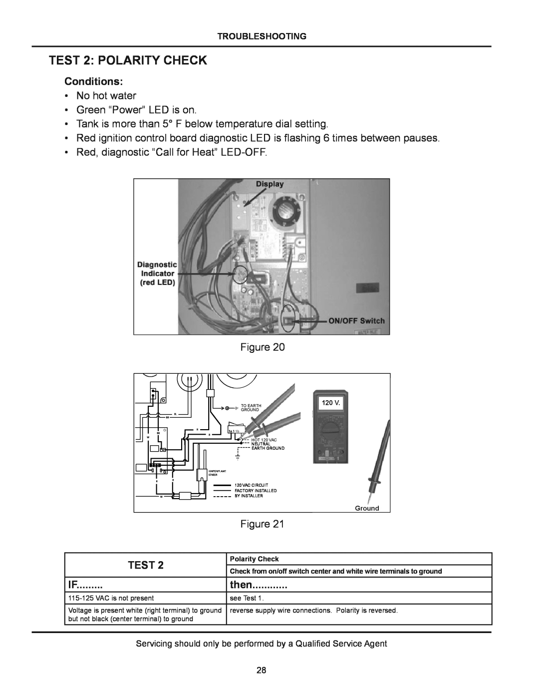 American Water Heater (A)BCG38T500-8P manual TEST 2 POLARITY CHECK, Conditions, Test, then, Troubleshooting, Polarity Check 