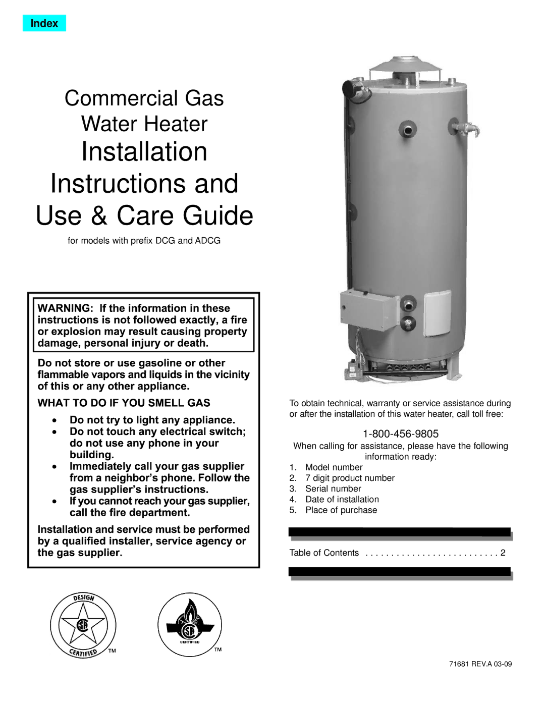 American Water Heater ADCG, DCG3-Series, 71681 warranty Installation Instructions Use & Care Guide 