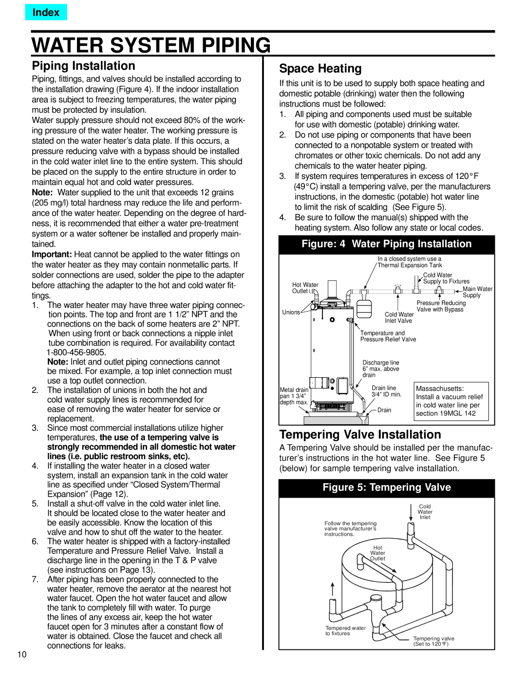 American Water Heater DCG3-Series Water System Piping, Piping Installation, Space Heating, Tempering Valve Installation 