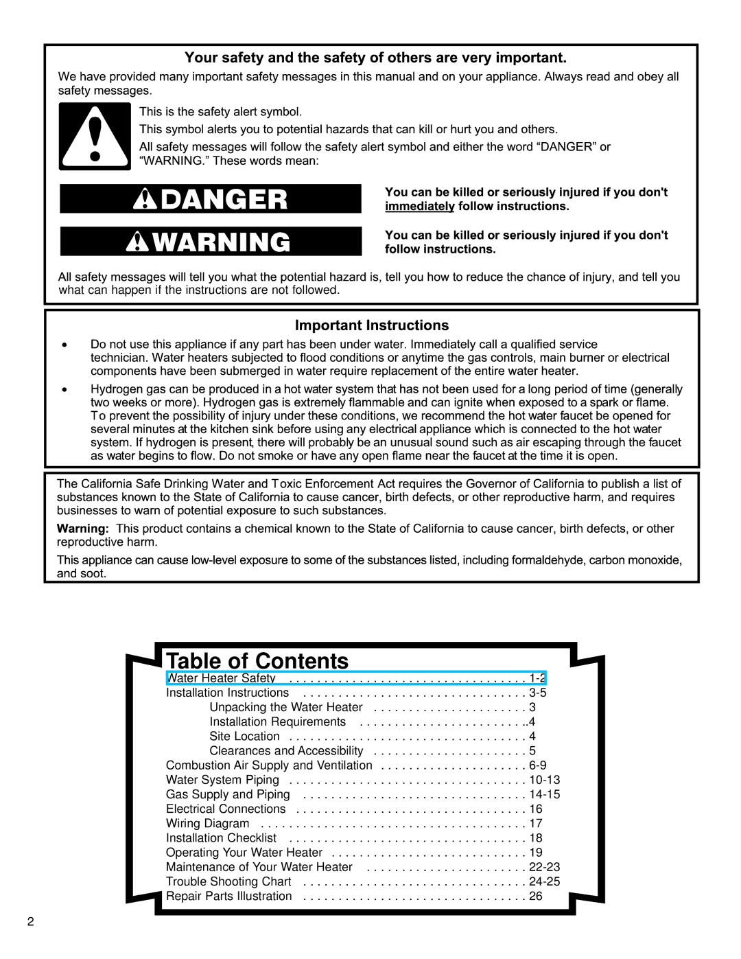 American Water Heater DCG3-Series, ADCG, 71681 warranty Table of Contents 