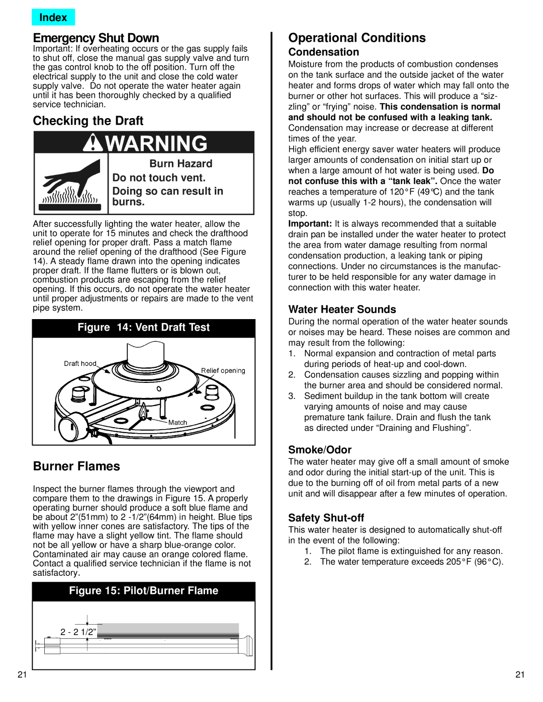 American Water Heater ADCG, DCG3-Series Emergency Shut Down, Checking the Draft, Burner Flames, Operational Conditions 