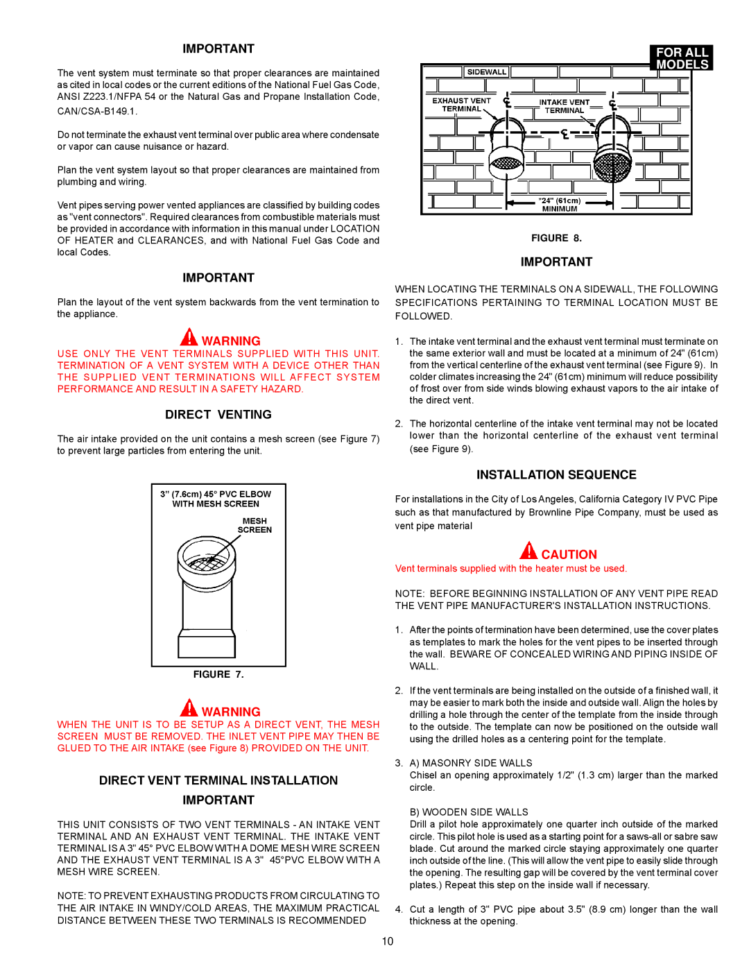 American Water Heater AHCG3/HCG360T120 warranty Direct Venting, Direct Vent Terminal Installation, Installation Sequence 