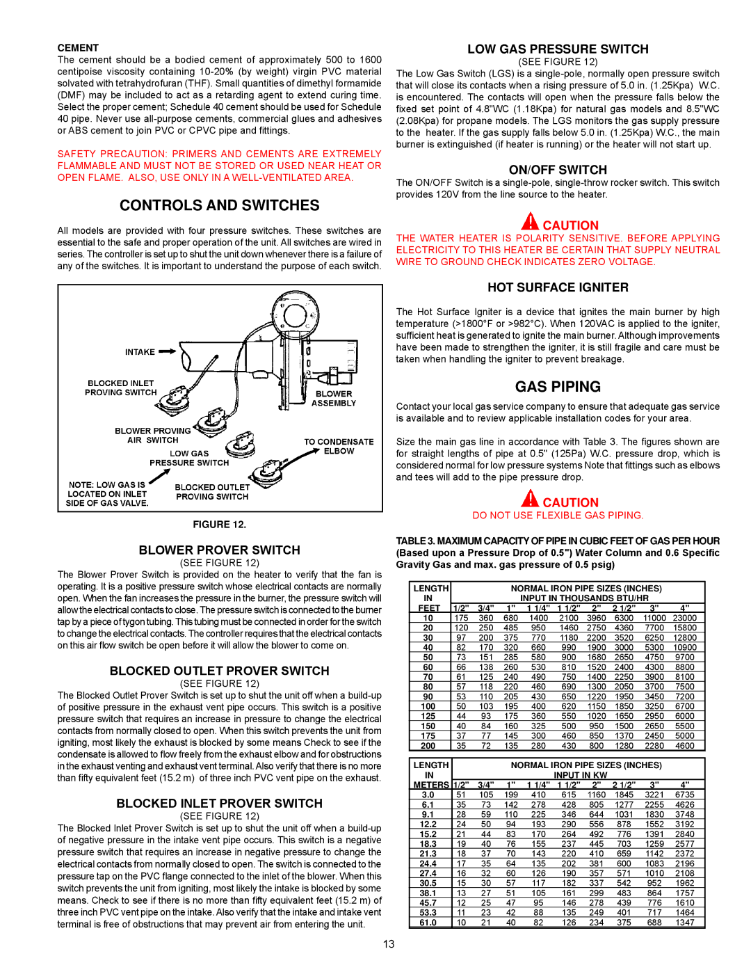 American Water Heater AHCG3/HCG3100T250, AHCG3/HCG360T120 warranty Controls and Switches, GAS Piping 