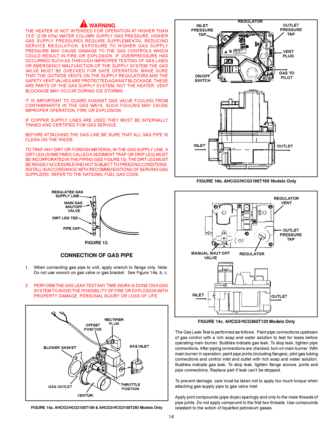 American Water Heater AHCG3/HCG360T120 warranty Connection of GAS Pipe, Attaching gas supply pipe to gas valve inlet 