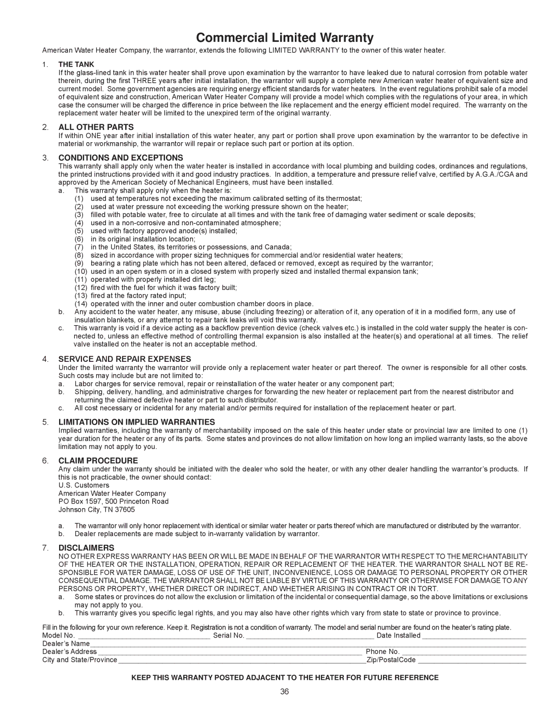 American Water Heater AHCG3/HCG360T120, AHCG3/HCG3100T250 warranty Commercial Limited Warranty 
