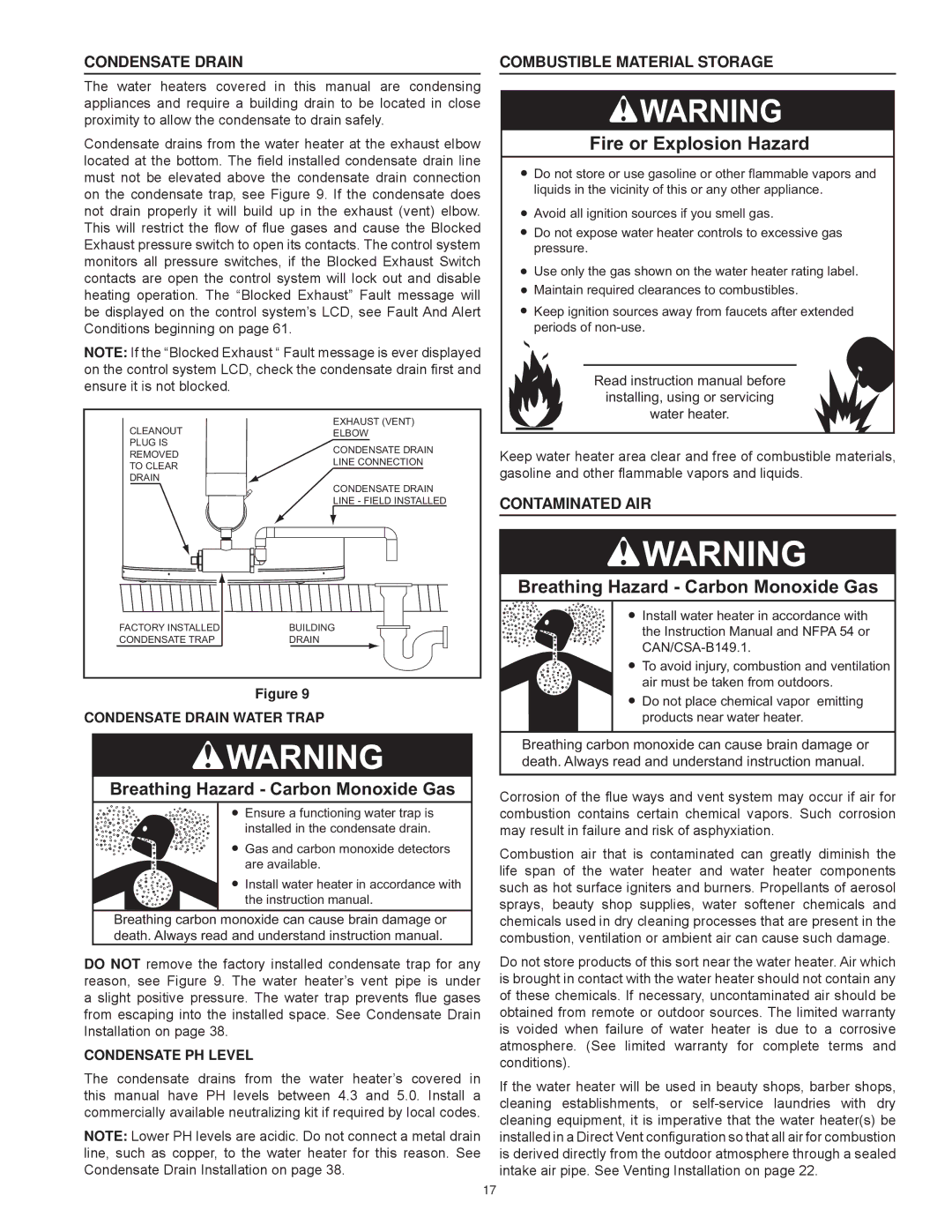 American Water Heater Commercial Gas Water Heaters Condensate Drain, Combustible Material Storage, Contaminated AIR 