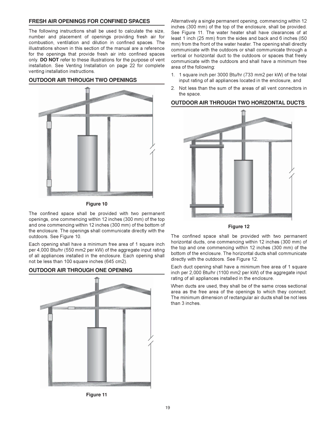 American Water Heater Commercial Gas Water Heaters Fresh AIR Openings for Confined Spaces, Outdoor AIR Through ONE Opening 