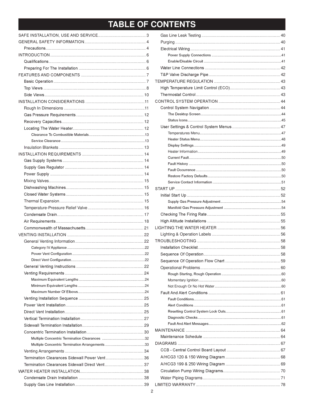 American Water Heater AHCG/HCG3 60T 120 - AHCG3/HCG3 100T 250, Commercial Gas Water Heaters Table of Contents 