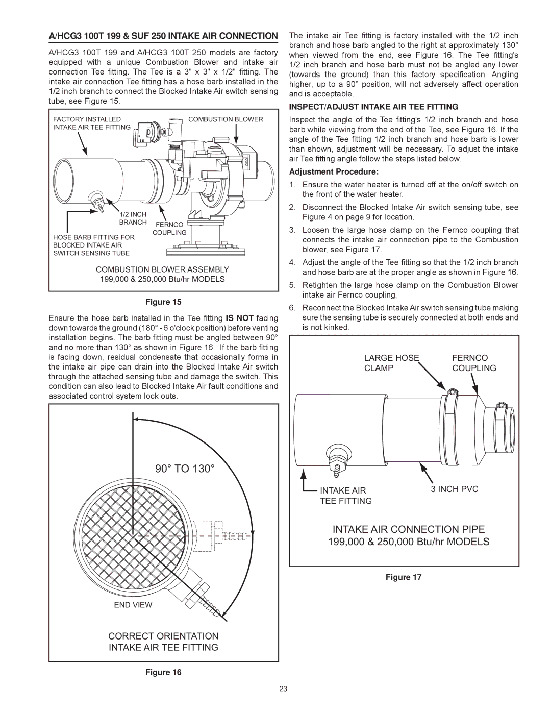 American Water Heater Commercial Gas Water Heaters HCG3 100T 199 & SUF 250 Intake AIR Connection, Adjustment Procedure 