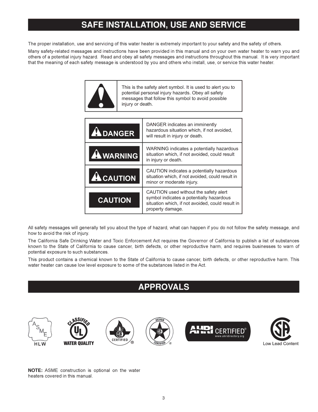 American Water Heater Commercial Gas Water Heaters instruction manual Safe INSTALLATION, USE and Service, Approvals 