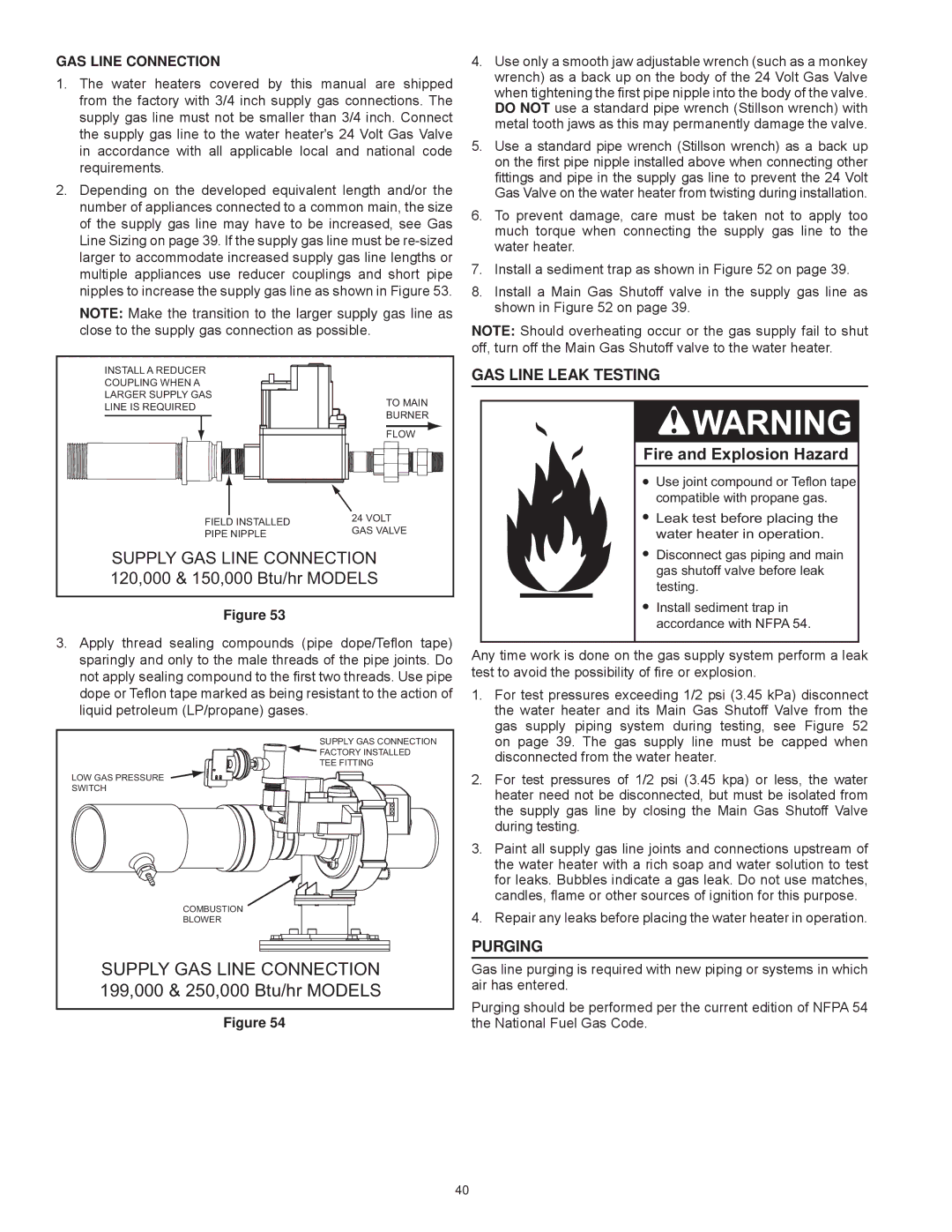 American Water Heater AHCG/HCG3 60T 120 - AHCG3/HCG3 100T 250 GAS Line Leak Testing, Purging, GAS Line Connection 