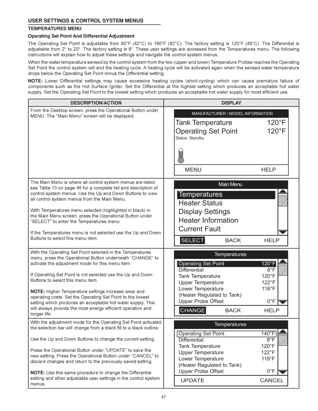 American Water Heater Commercial Gas Water Heaters User Settings & Control System Menus, Back Help, Update Cancel 