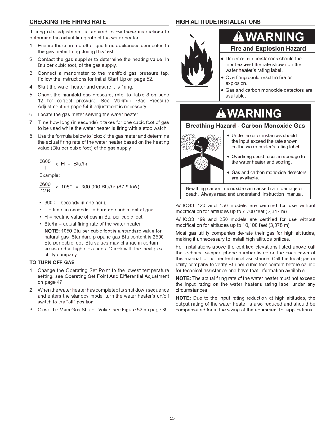 American Water Heater Commercial Gas Water Heaters Checking the Firing Rate High Altitude Installations, To Turn OFF GAS 