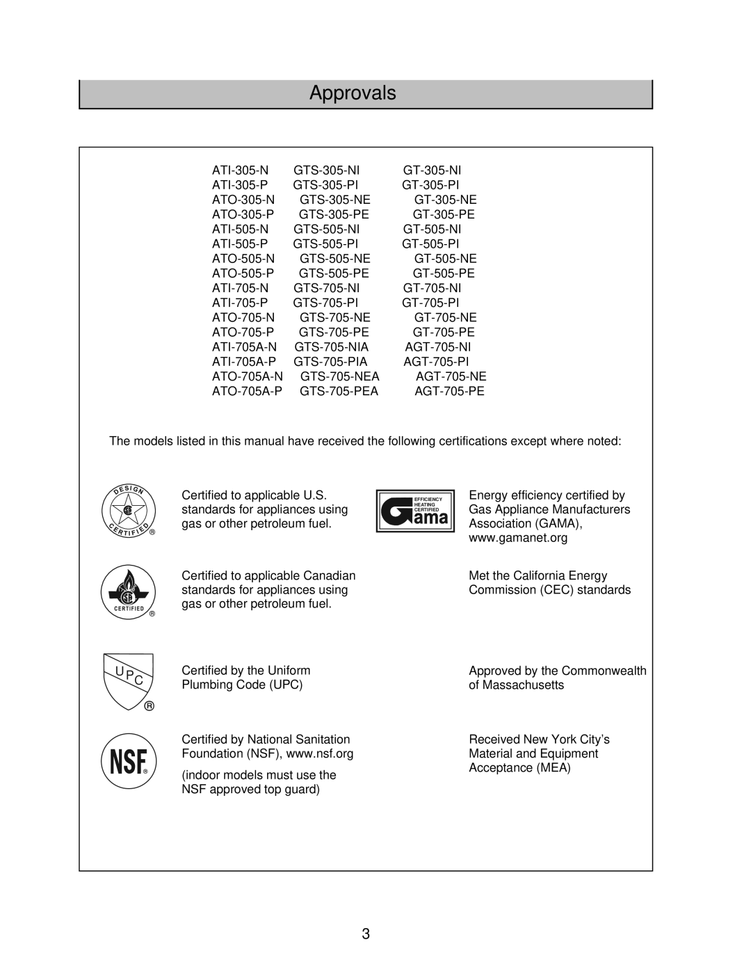 American Water Heater ATI-305-N, ATO-505-N, ATI-705-N, ATI-505-P, ATO-305-P, ATI-305-P, ATI-705A-P, ATI-705A-N manual Approvals 