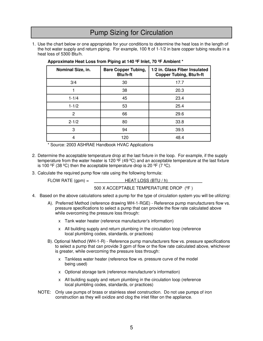 American Water Heater ATI-305-P, ATO-505-N, ATI-705-N, ATI-505-P, ATI-305-N, ATO-305-P, ATI-705A-P Pump Sizing for Circulation 