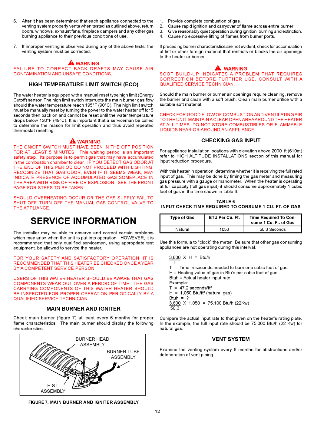 American Water Heater BBCN375T754NV Service Information, High Temperature Limit Switch ECO, Main Burner and Igniter 