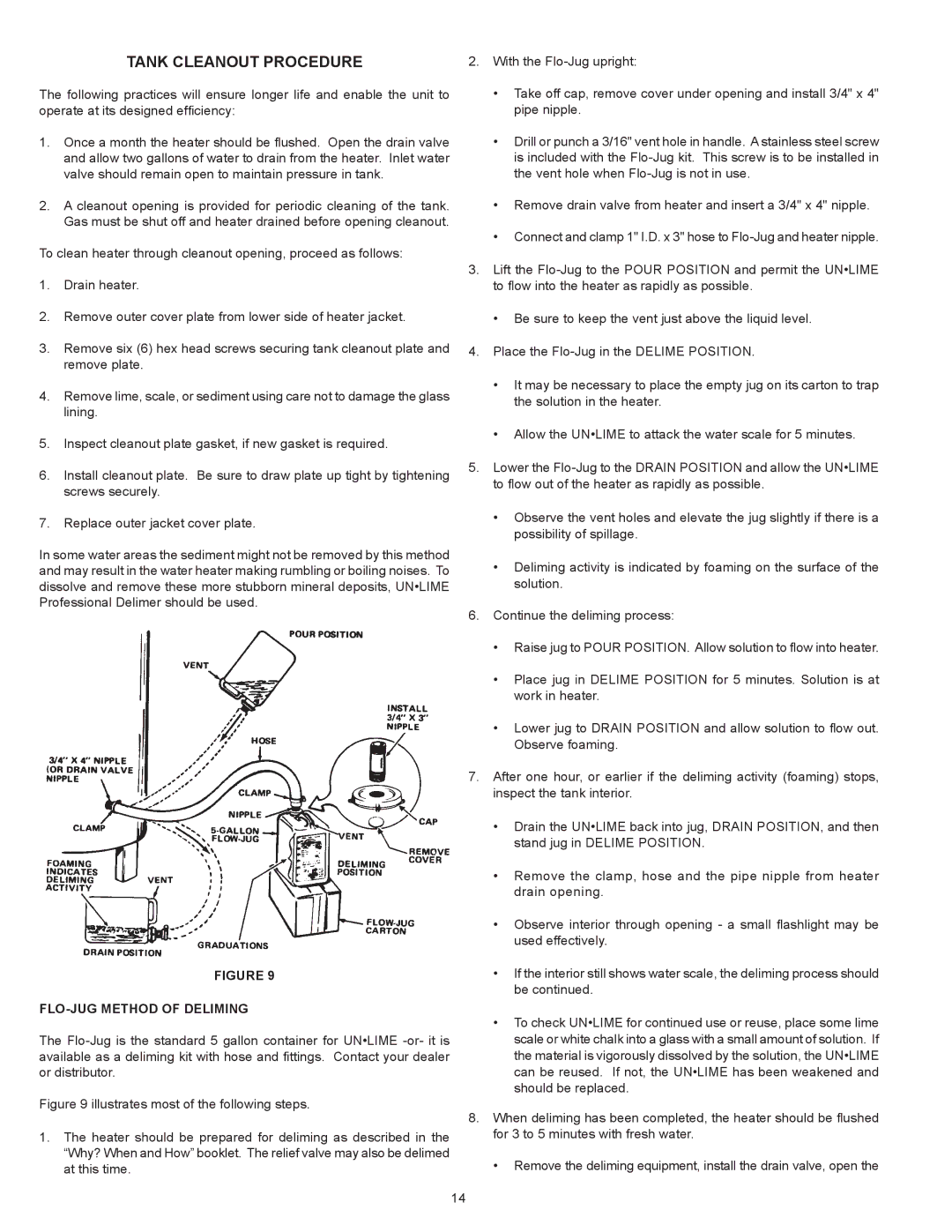 American Water Heater BBCN375T754NV warranty Tank Cleanout Procedure, FLO-JUG Method of Deliming 