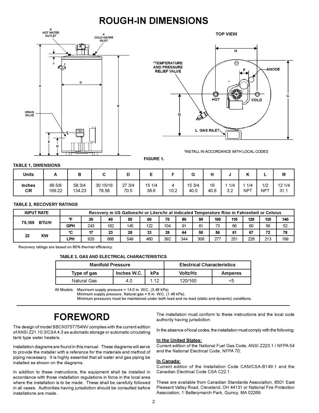 American Water Heater BBCN375T754NV warranty TOP View, Dimensions, Npt, Recovery Ratings Input Rate, Btu/H, Gph 