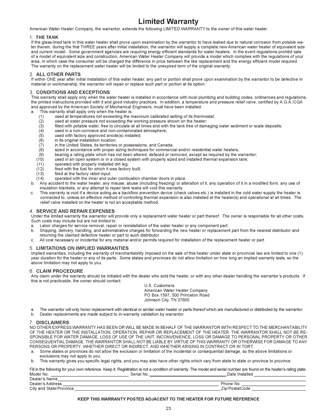 American Water Heater Commercial Ultra Low NOx Gas water Heater ALL Other Parts, Conditions and Exceptions, Disclaimers 