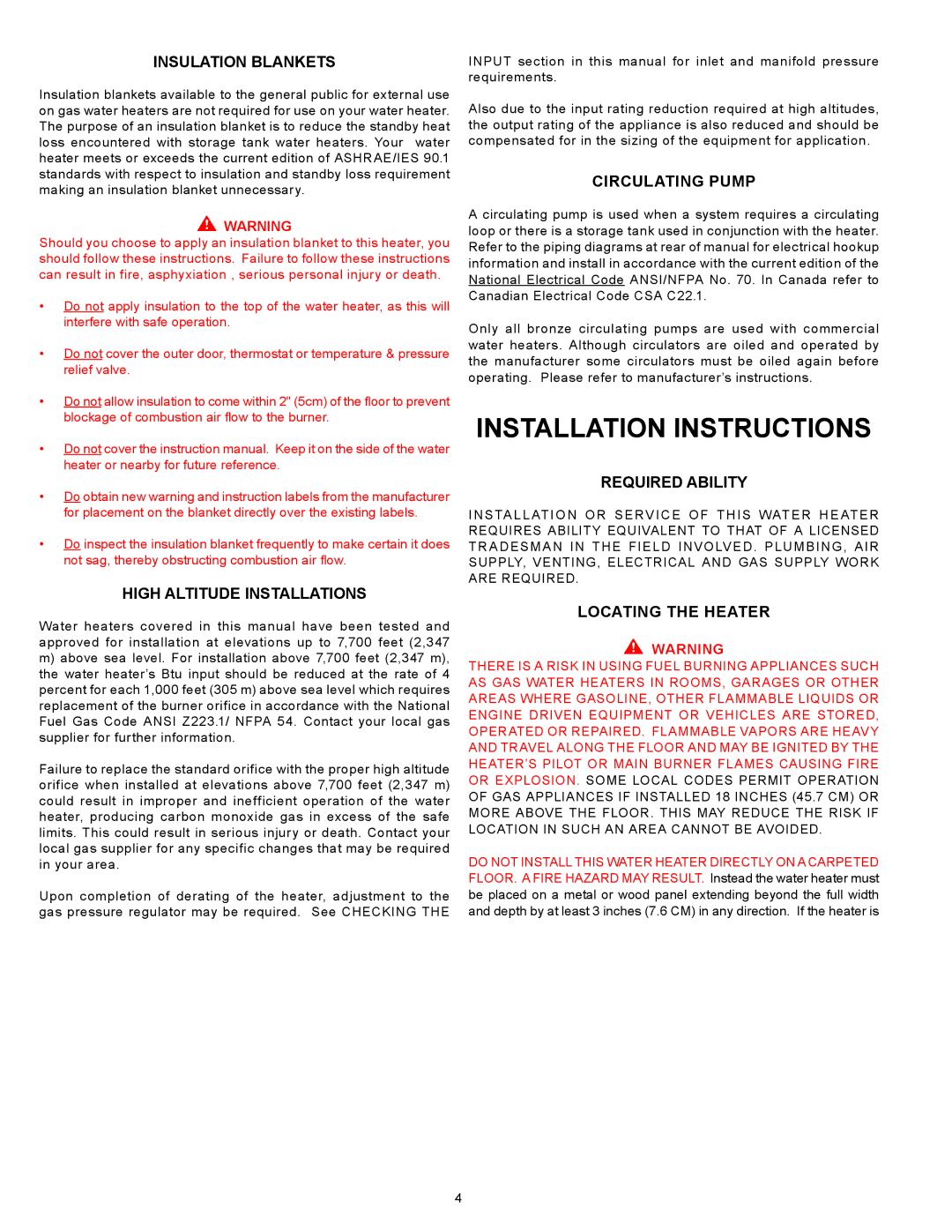 American Water Heater BBCN375T754NV, Commercial Ultra Low NOx Gas water Heater warranty Installation Instructions 