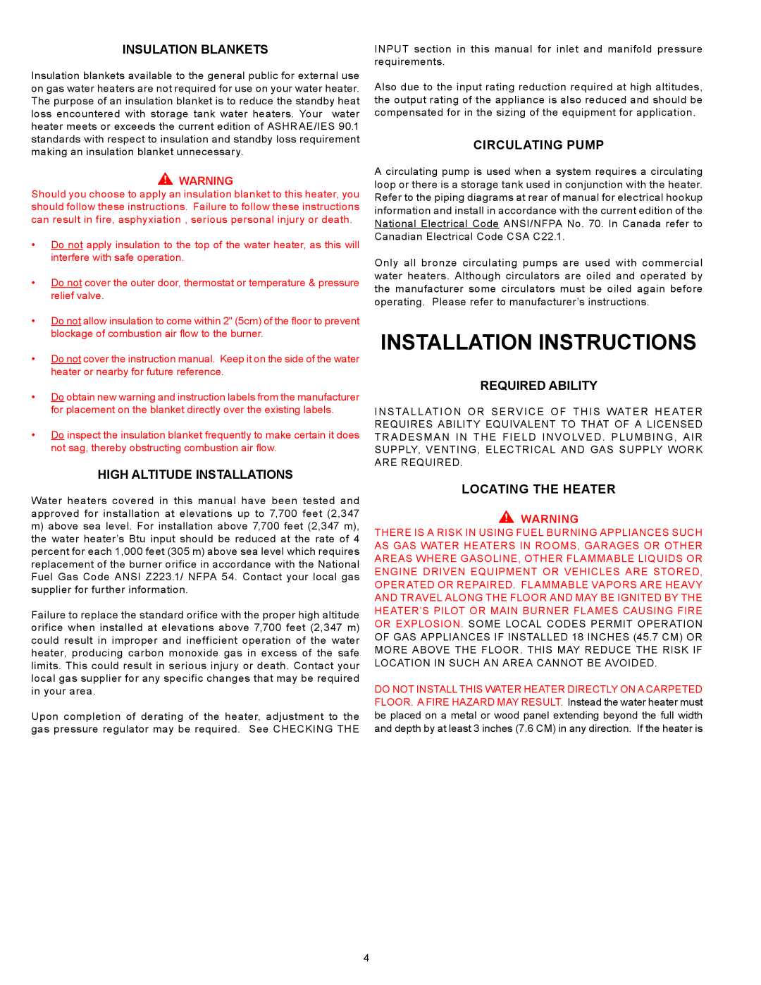 American Water Heater BBCN375T754NV warranty Installation Instructions, Insulation Blankets, High Altitude Installations 