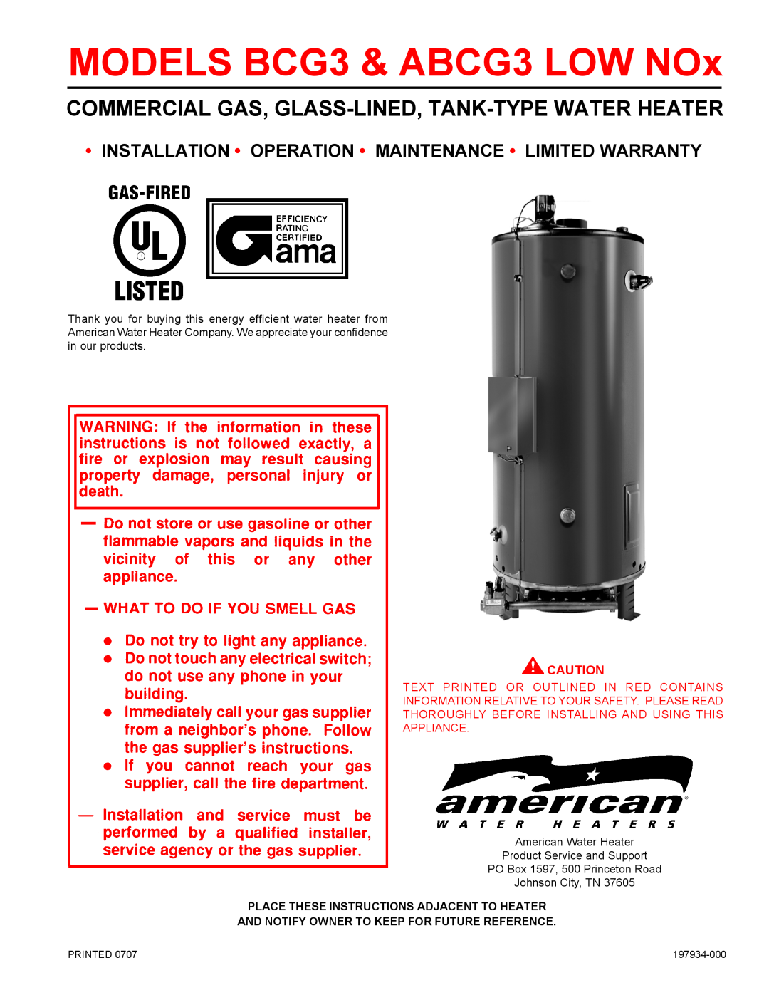 American Water Heater BCG3-100T250-6NOX, BCG3-80T150-6NOX warranty Commercial Gas, Glass-Lined, Tank-Type Water Heater 